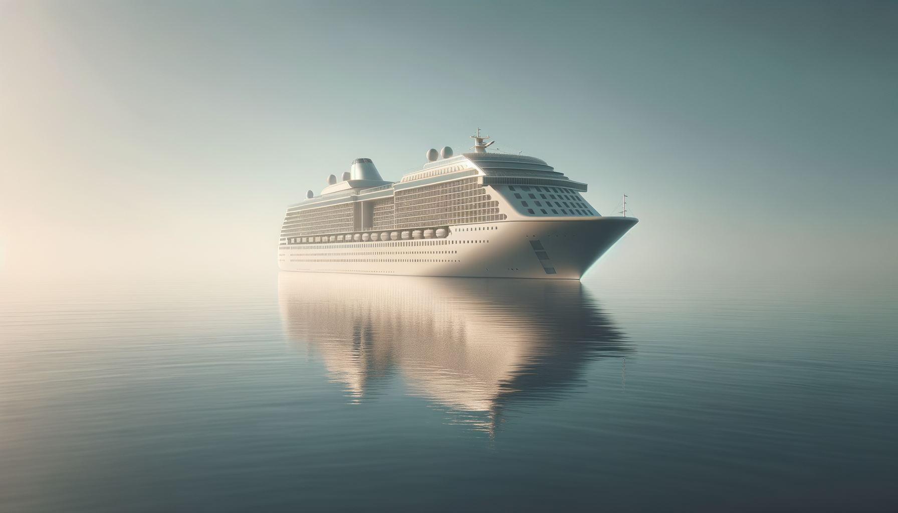 A large white cruise ship sailing on calm waters with a light fog or haze in the background.