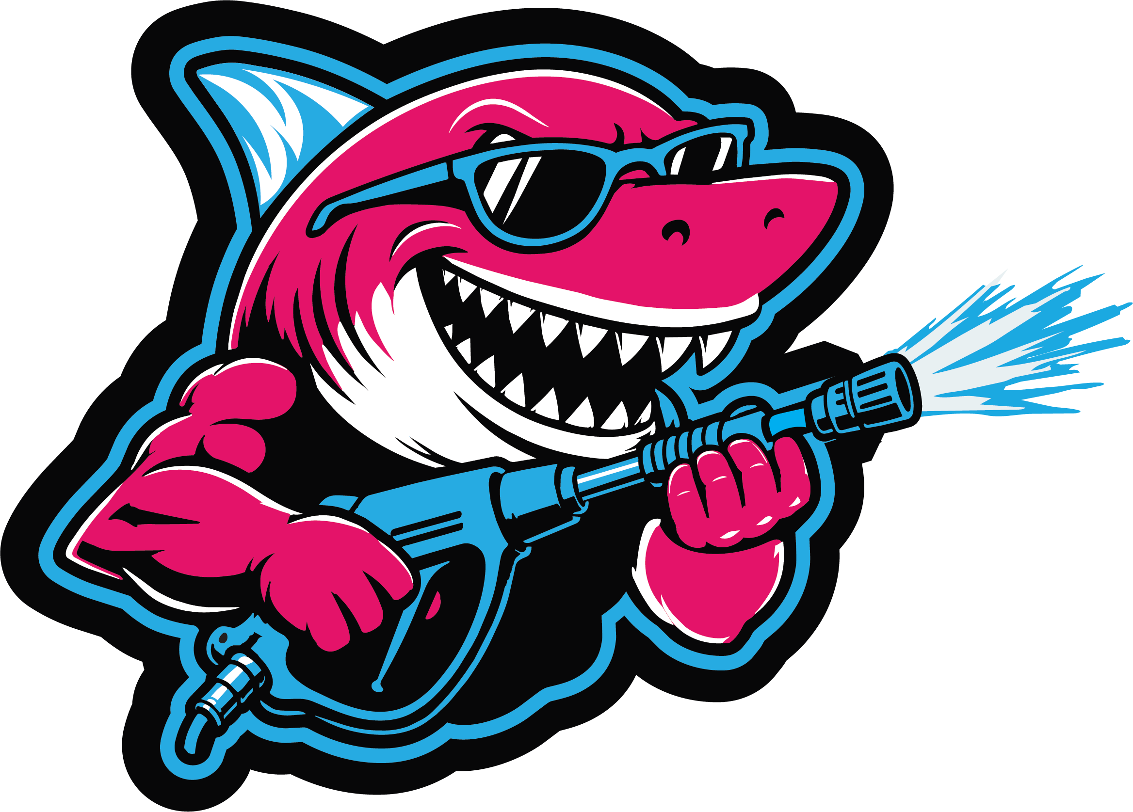 Fresh Wave Pressure Washing shark mascot holding a pressure washing hose in shades of pink and blue and black.