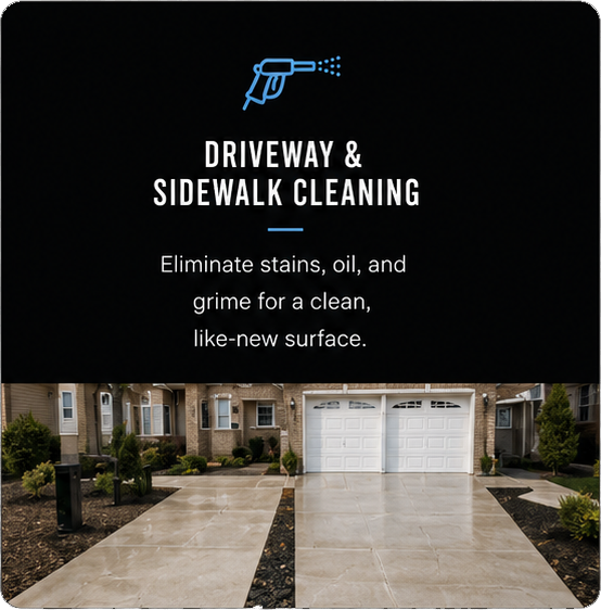 Driveway and sidewalk pressure washing to remove dirt, oil stains, grime, and surface buildup