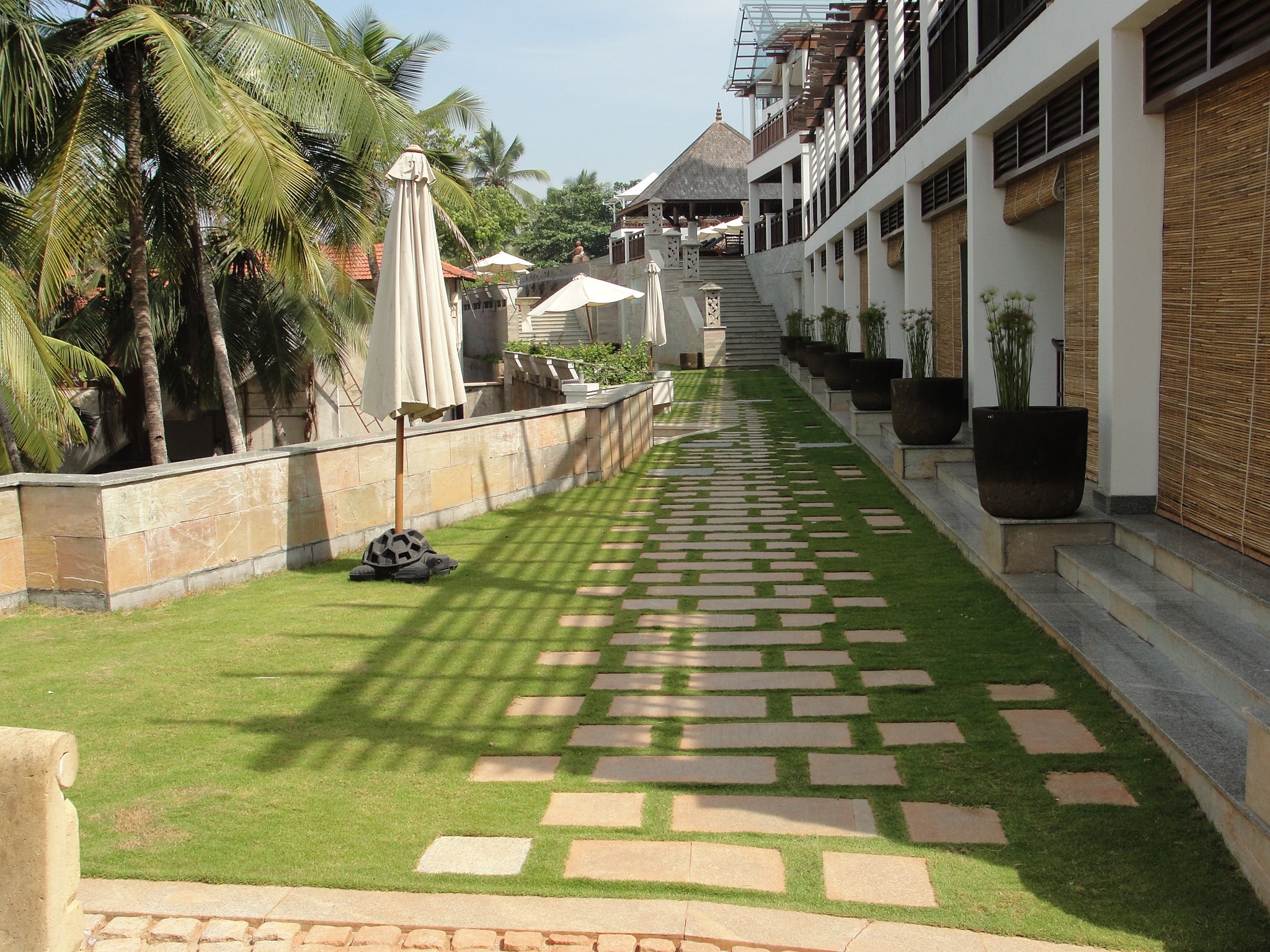 A landscaped outdoor area with palm trees, stone steps, white umbrellas, and a modern building with large windows and bamboo shades, suggesting a tropical resort or hotel environment.