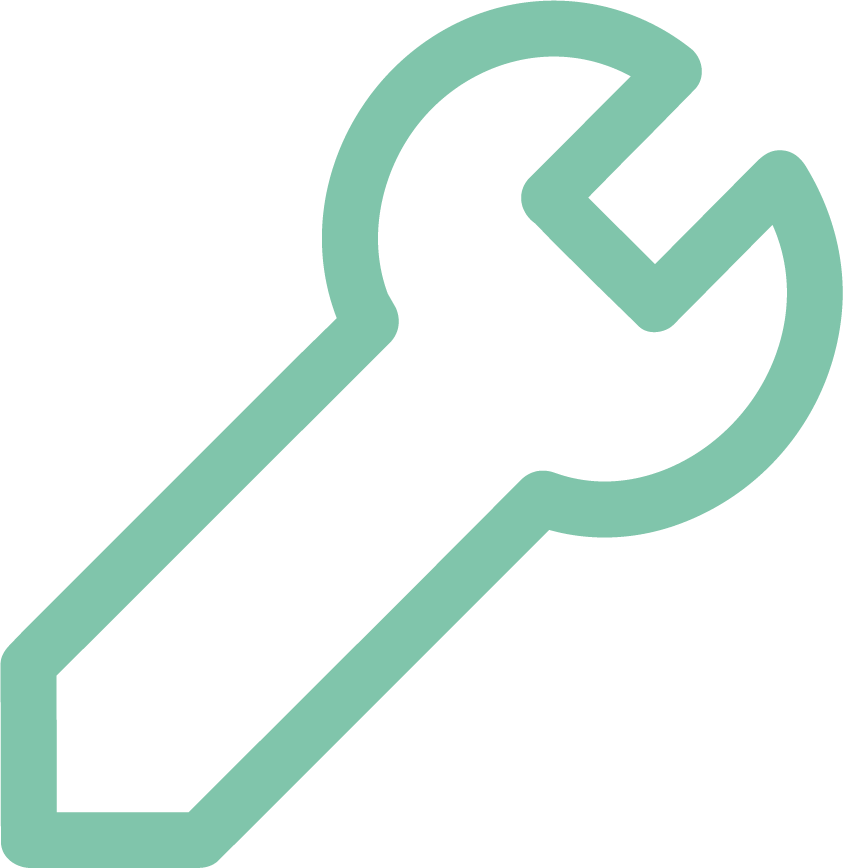 An icon of a wrench in a light teal color with a black background