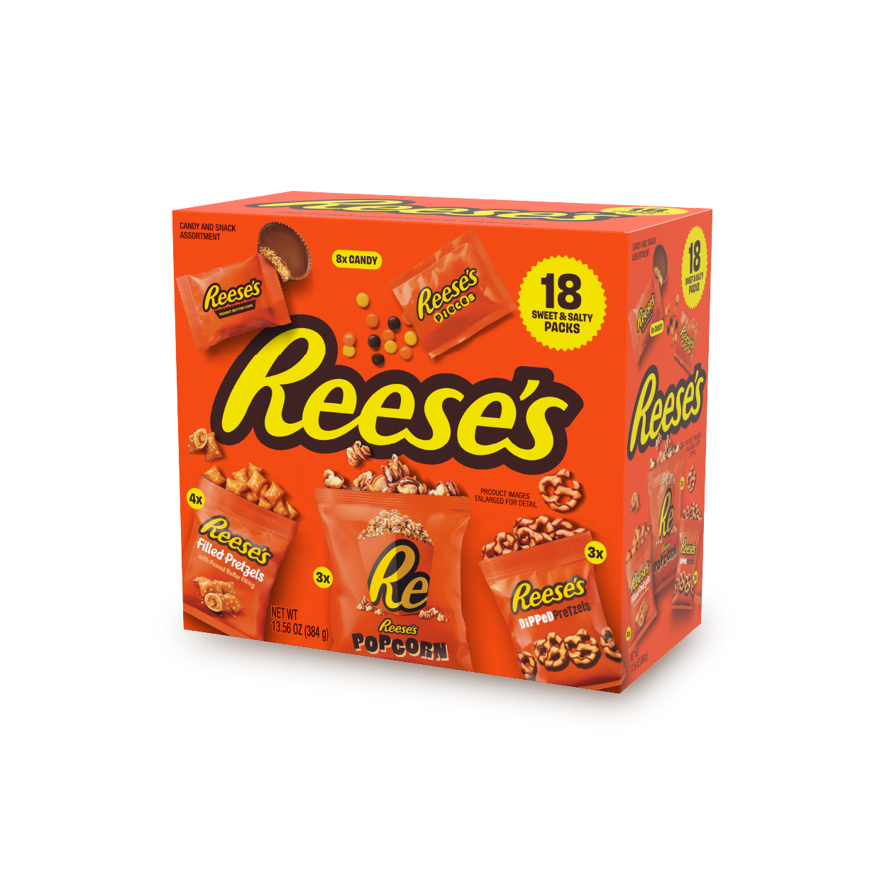 A box of Reese's assorted candies and snacks, including peanut butter cups, pretzels, popcorn, and snack packs, with bright orange packaging and bold yellow and black text.