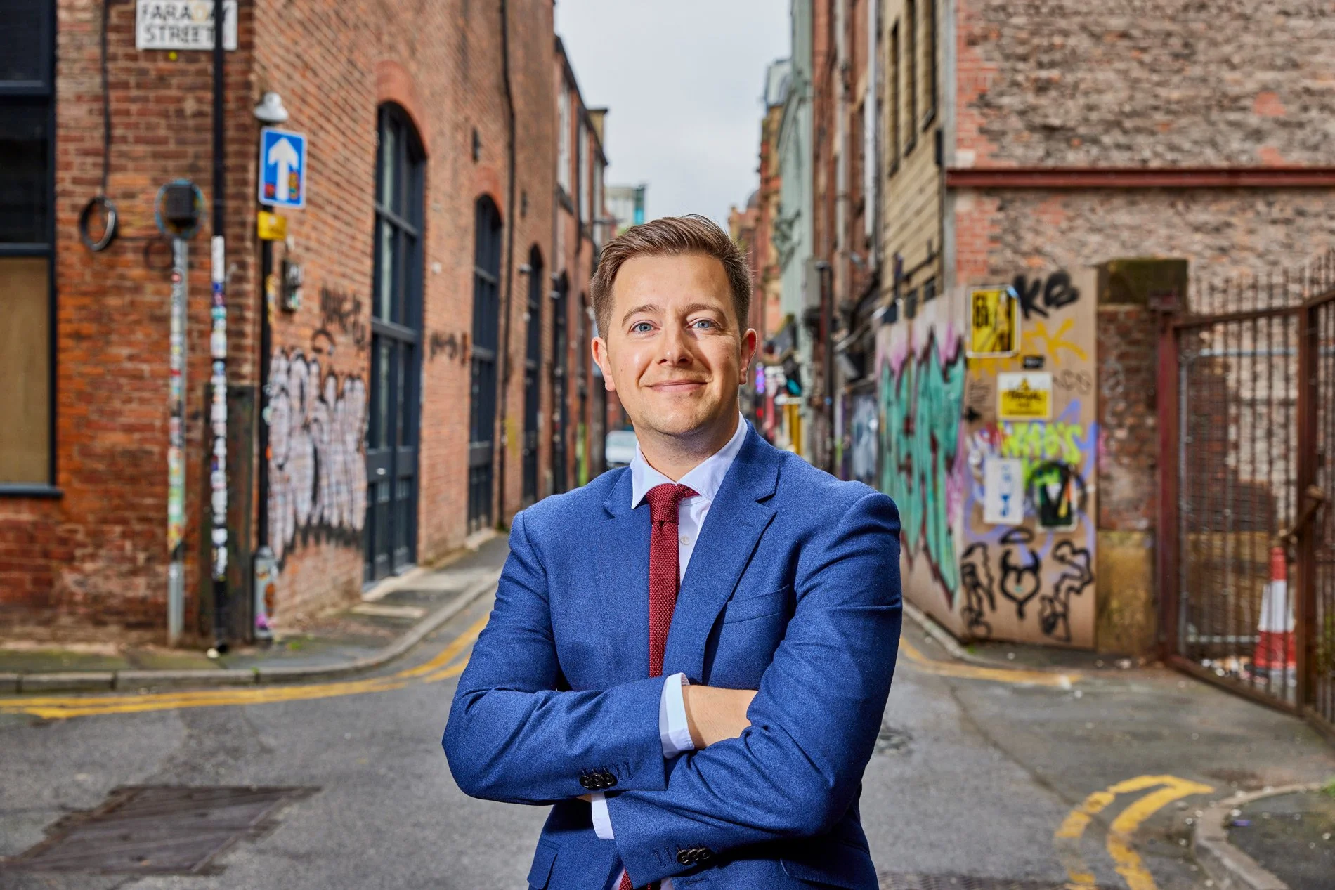 Classic editorial portrait shot in the backstreets of Manchester for a company director of a property development company