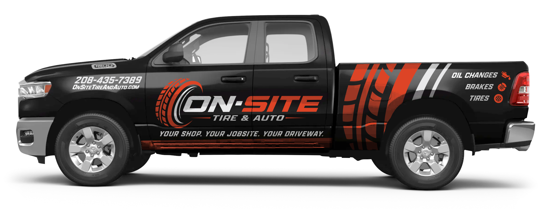 Black pickup truck with advertising for ON-SITE Tire & Auto. The truck features a large logo with a tire graphic, phone number, website, and slogans about auto services including oil changes, brakes, and tires.