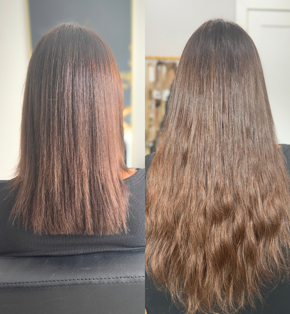 Side-by-side comparison of a woman's hair before and after a hair treatment, showing smoother and shinier hair after the treatment.