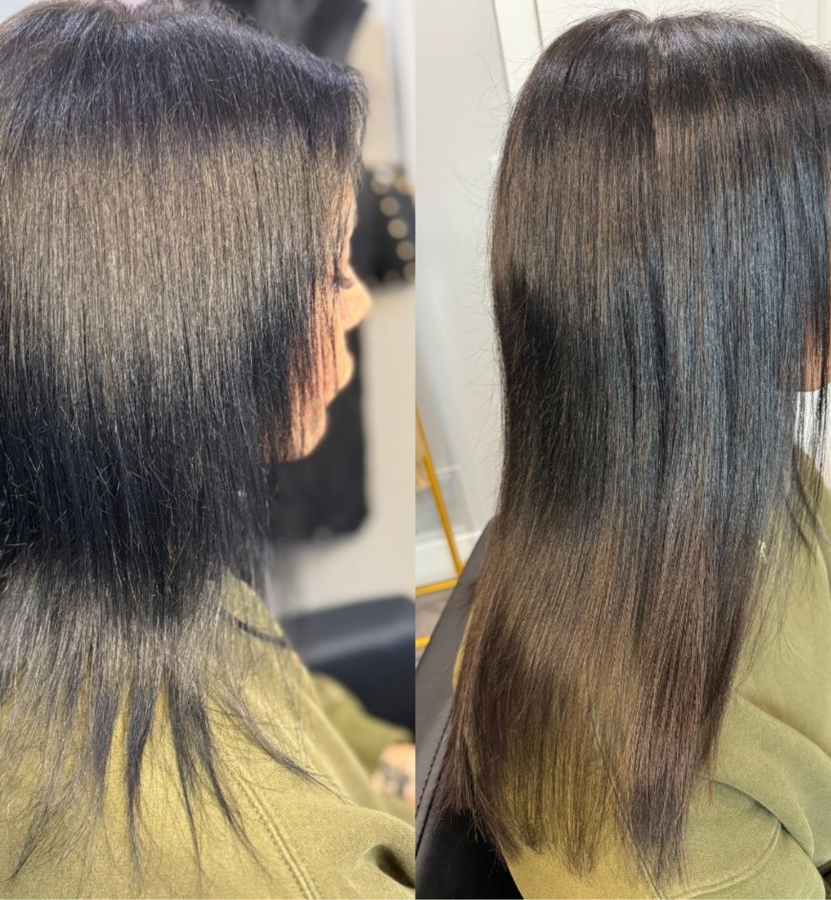 Side-by-side photos of a woman with straight, shoulder-length black hair before and after a haircut and color treatment. The before photo shows slightly frizzy hair, and the after photo shows smooth, shiny hair with a subtle brown color.