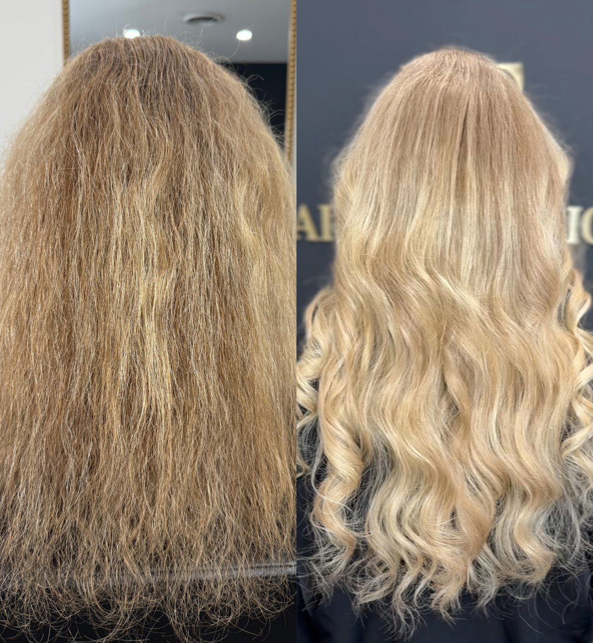 Side-by-side comparison of a woman's hair before and after professional styling, showing frizzy, unkempt blonde hair on the left and smooth, wavy blonde hair on the right.