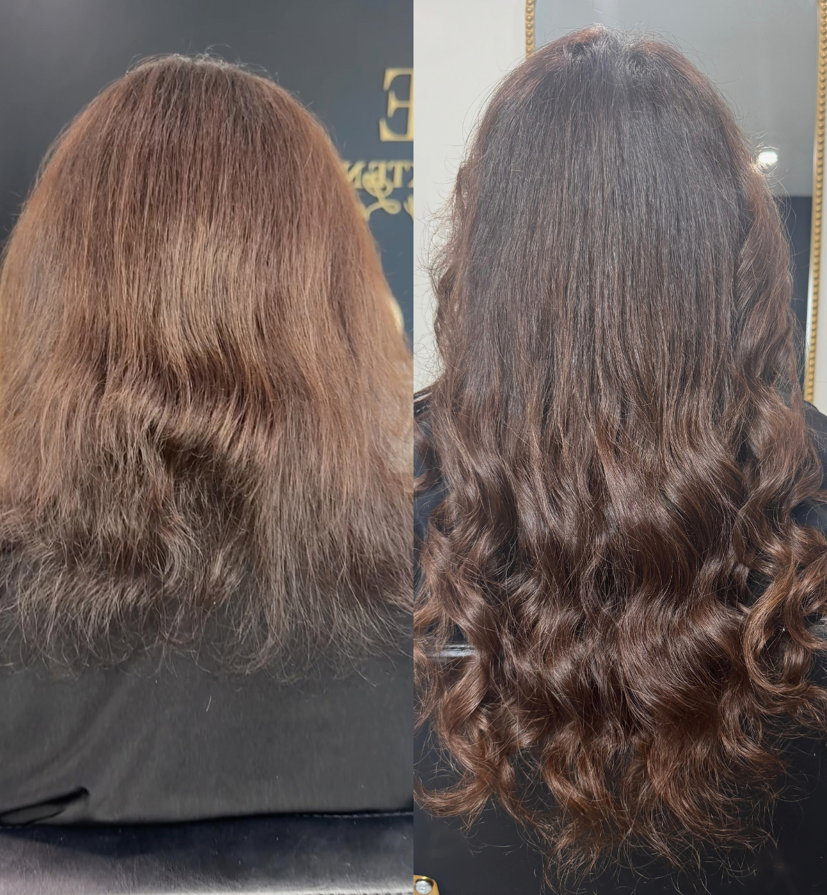 Side-by-side comparison of a woman's hair before and after styling: left shows frizzy, dull, light brown hair; right shows sleek, well-defined, curly, darker brown hair.