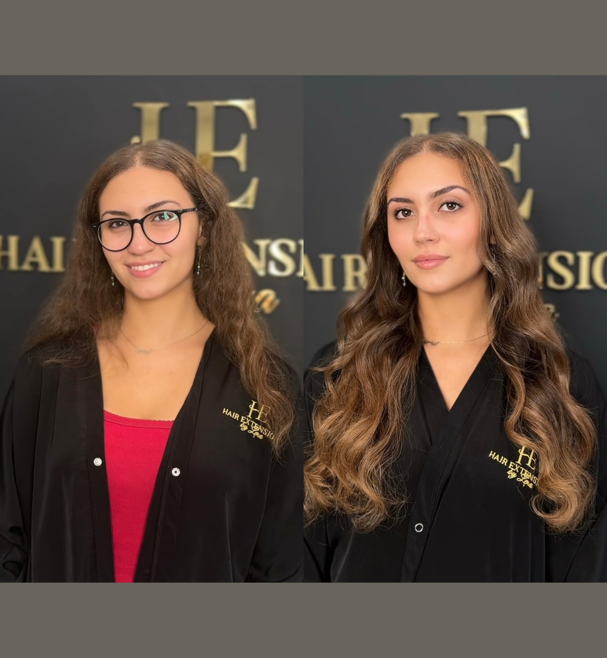 Side-by-side portraits of young women with long curly hair, wearing black salon jackets with a gold logo, set against a black background with gold lettering. The woman on the left has glasses and is smiling, while the woman on the right has no glasse