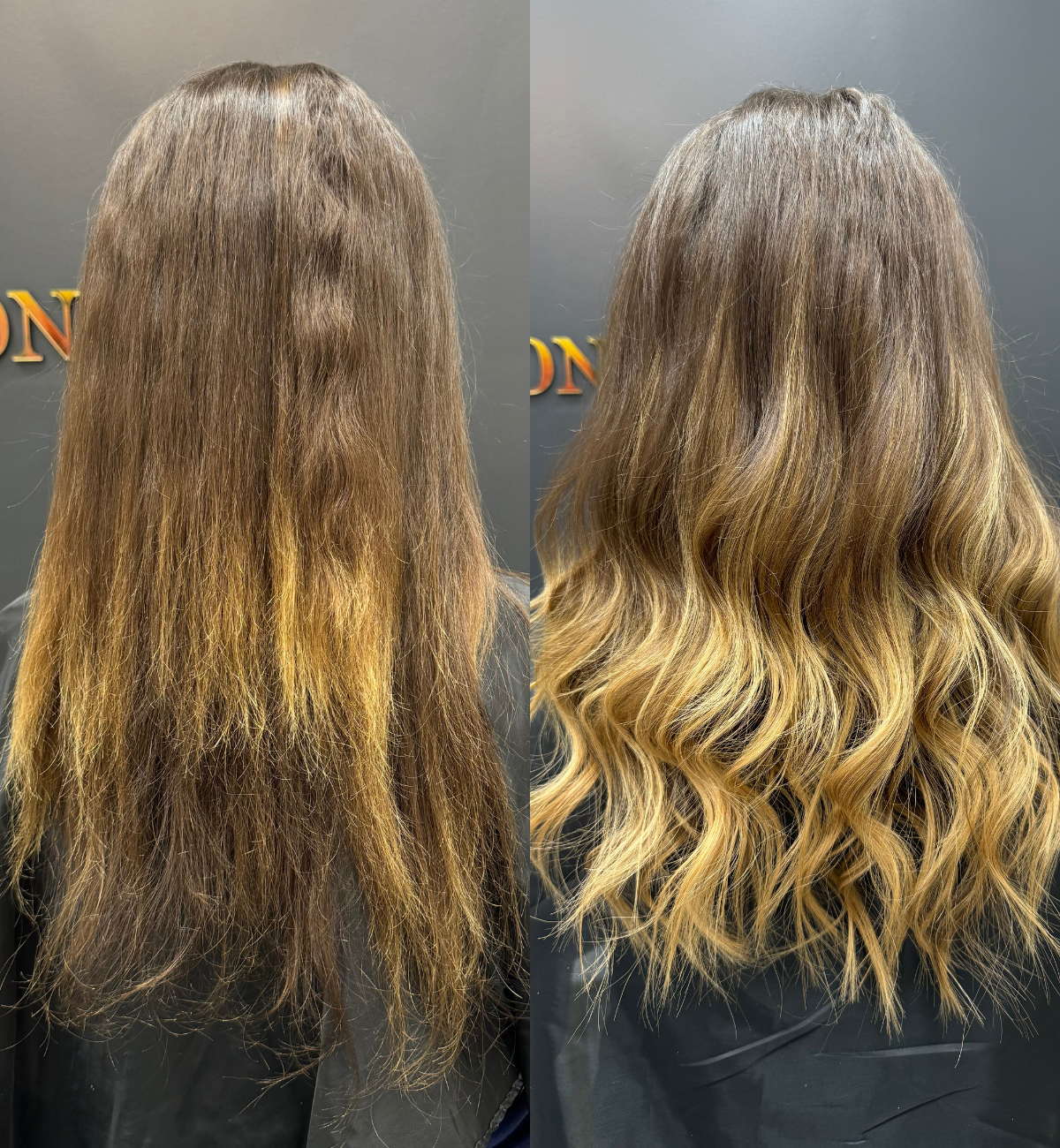 Comparison of a person's hair before and after at a salon, showing the hair color and style transformation from dull, straight, and uneven to bright, wavy, and well-styled.