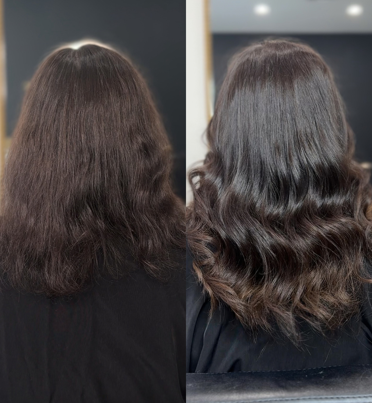 Comparison of a woman's hair before and after styling, showing frizzy hair on the left and smooth, wavy hair on the right.