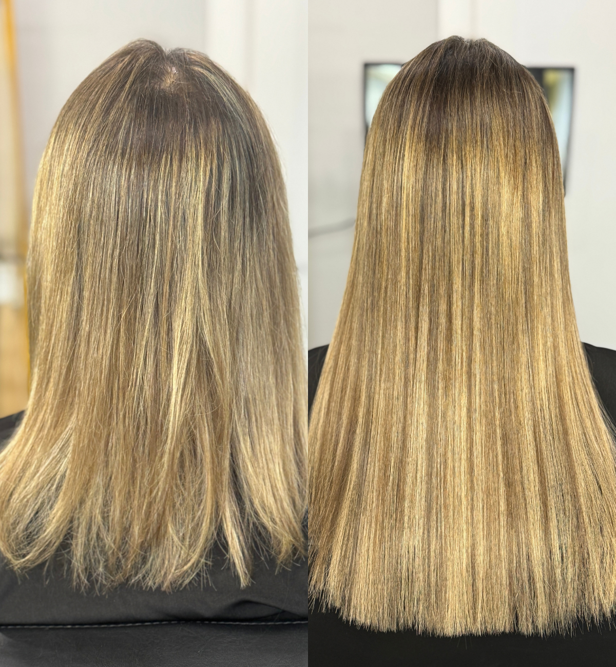 Comparison of a woman's hair before and after a professional hair treatment, showing the hair from the back with the focus on the change in color, shine, and smoothness.