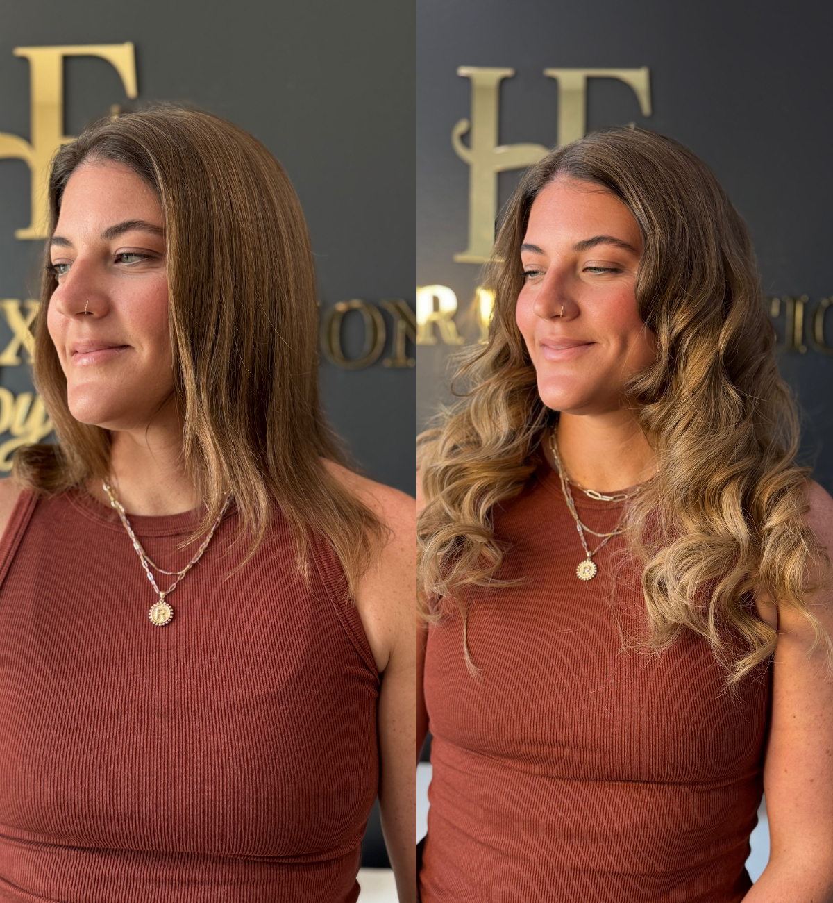 Side-by-side photos of a young woman with shoulder-length brown hair on the left and long curly light brown hair on the right, wearing a rust-colored sleeveless top and gold jewelry, standing in front of a dark background with gold lettering.