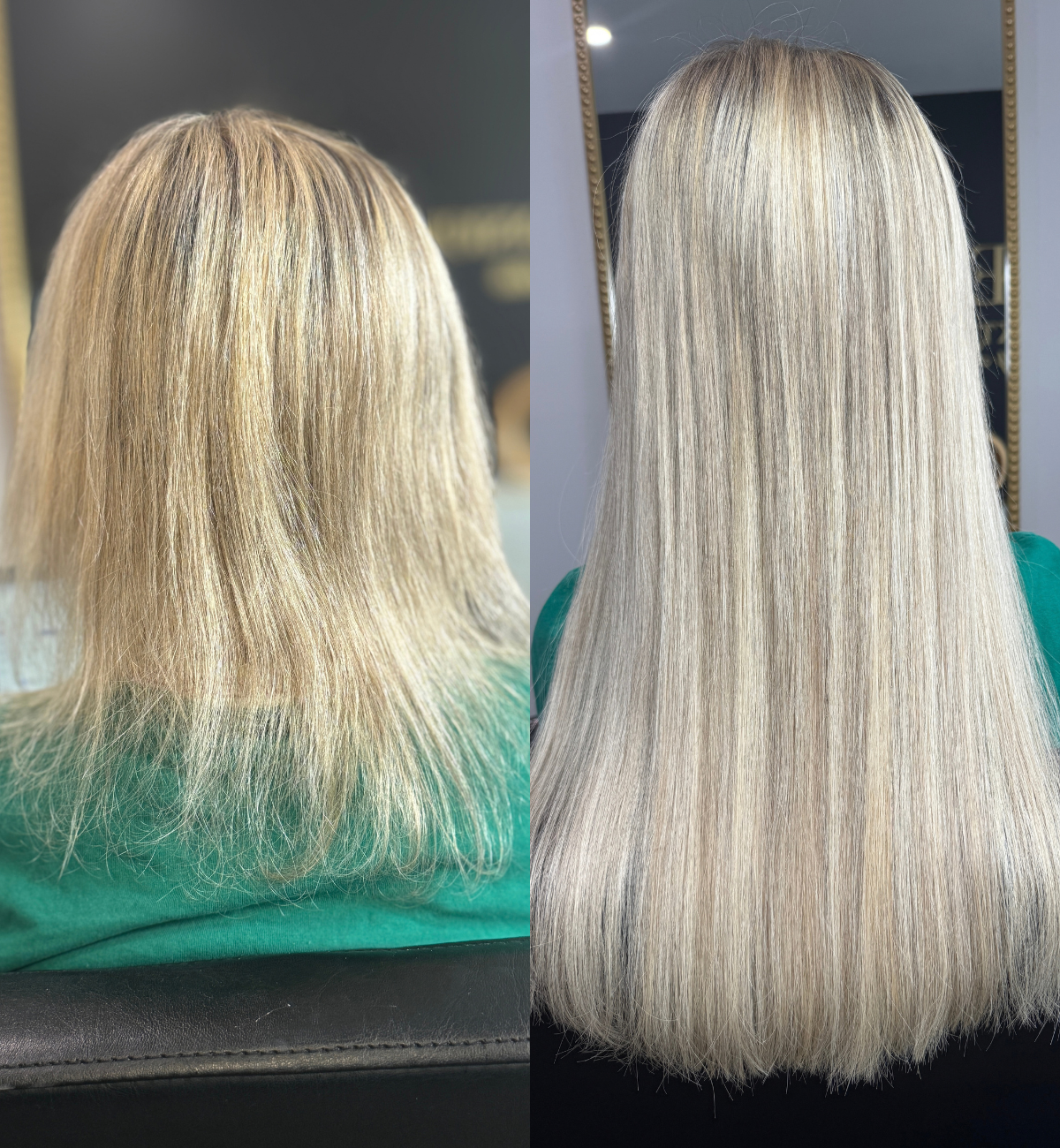 Comparison of a woman's hair before and after bleaching: the left side shows shoulder-length, slightly frizzy blonde hair; the right side shows long, smooth, platinum blonde hair.