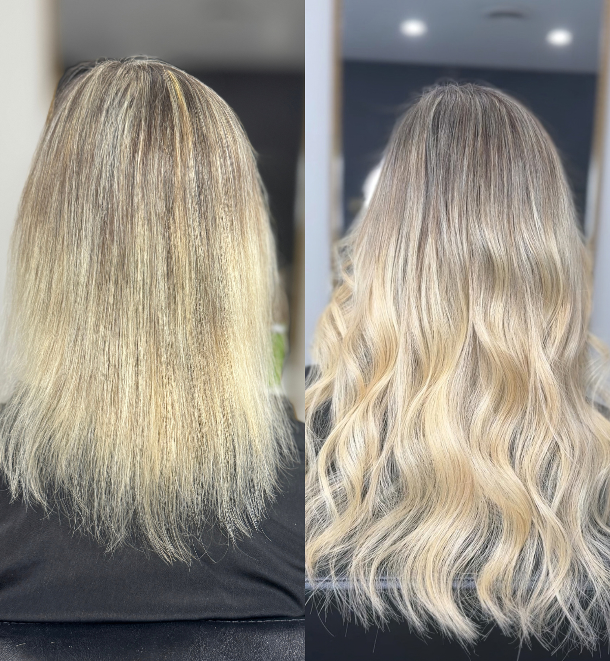 Comparison of a person's blonde hair before and after a styling treatment with the left side showing straight hair and the right side showing styled, wavy hair.