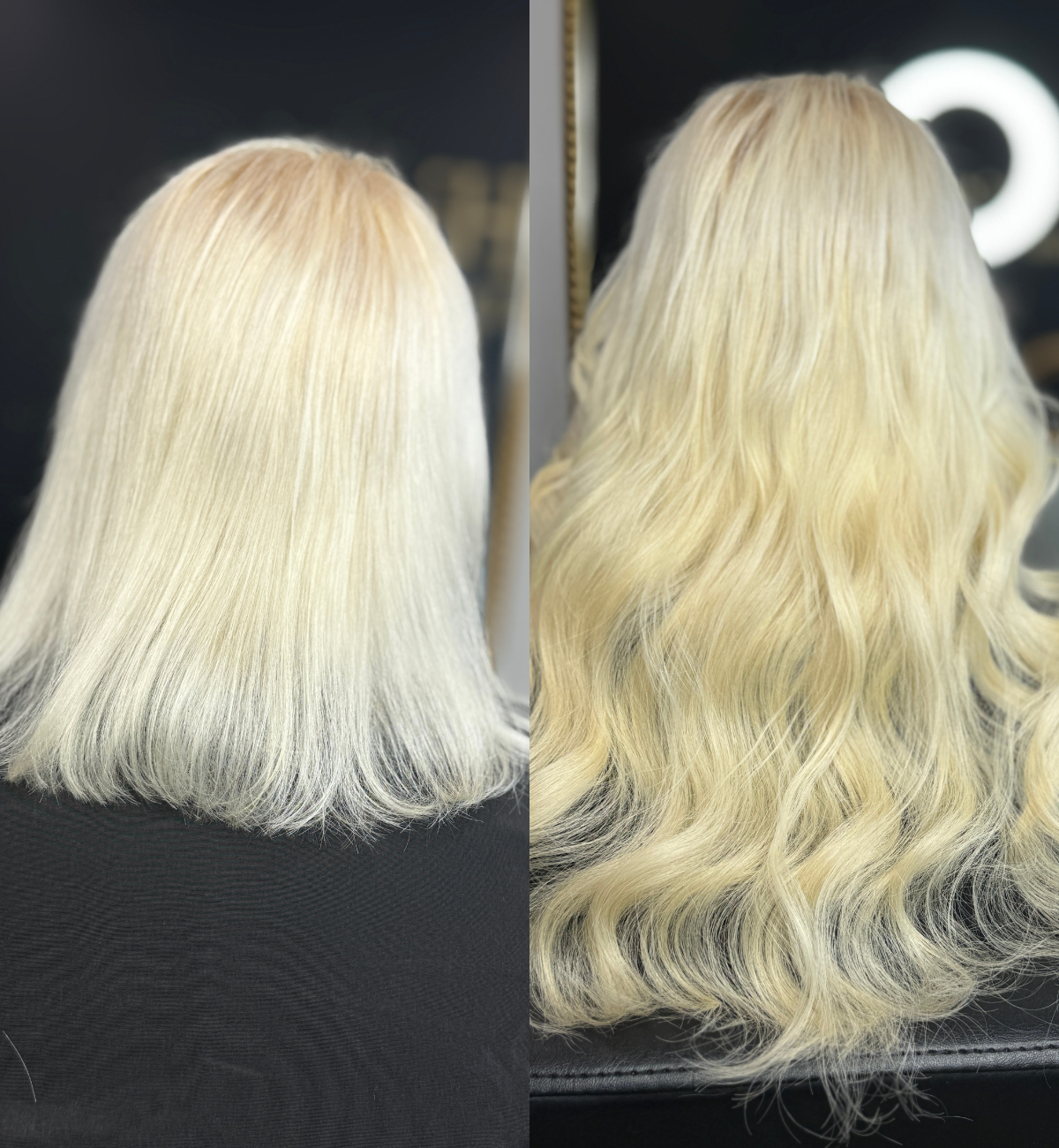 Comparison of blonde hair before and after styling with the left side showing straight hair and the right side showing wavy hair.