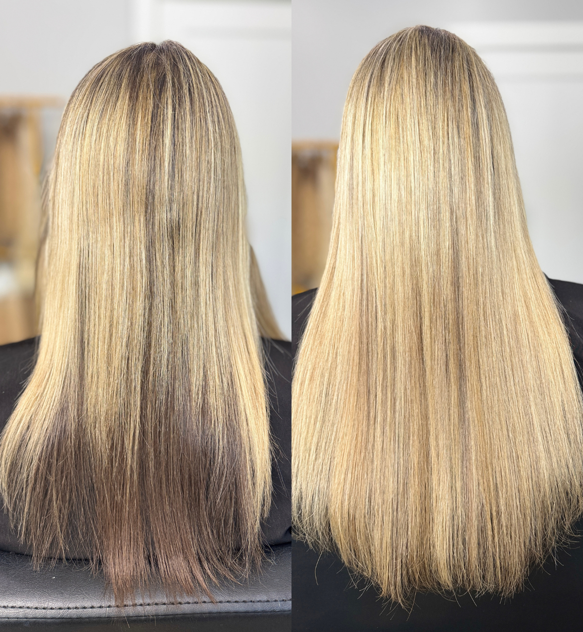 Comparison of hair before and after coloring treatment, showing long, straight blonde hair with highlights on a person seated against a neutral background.