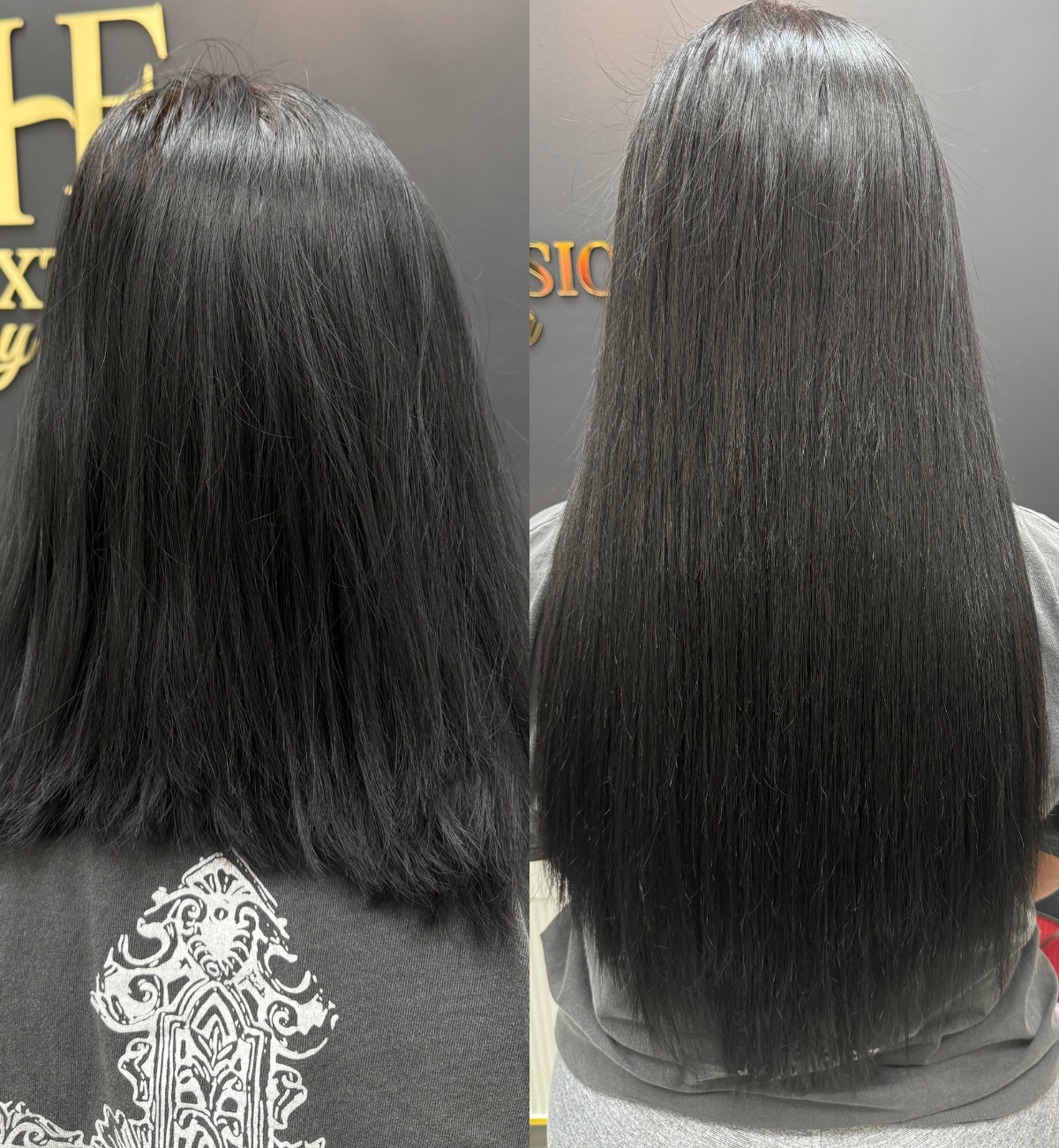 Comparison of hair before and after straightening treatment, showing smooth, shiny, and straight black hair.