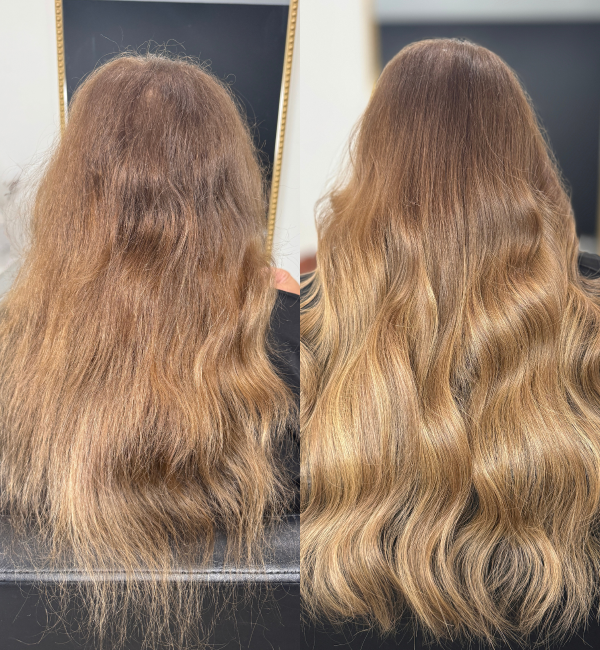 Comparison of a woman's hair before and after hair treatment, showing improved smoothness and shine.