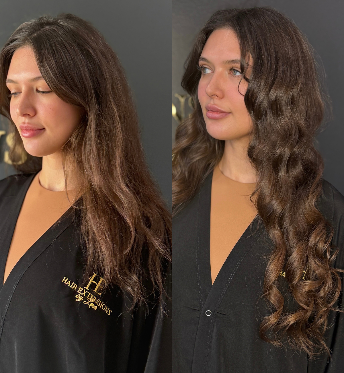 Comparison of a woman before and after hair styling; left with natural, straight hair, right with voluminous, wavy styled hair, both wearing black salon smocks with gold embroidery.