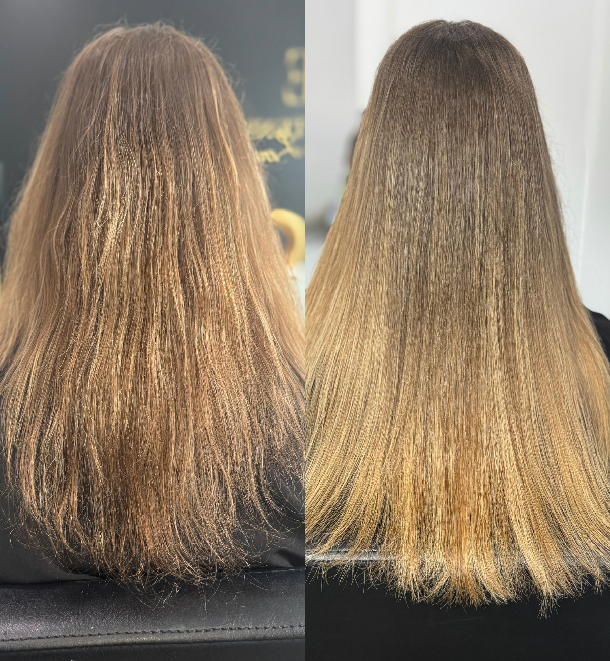 Side-by-side comparison of a woman's hair before and after a hair treatment. The before image shows frizzy, wavy, and uneven hair, while the after image shows smooth, straight, and shiny hair.
