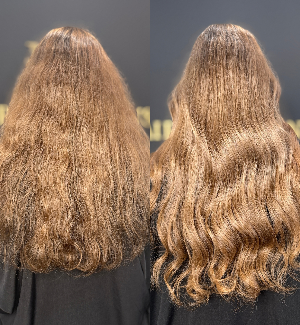Comparison of a woman's hair before and after styling, showing long, wavy, light brown hair with improved texture and shine.