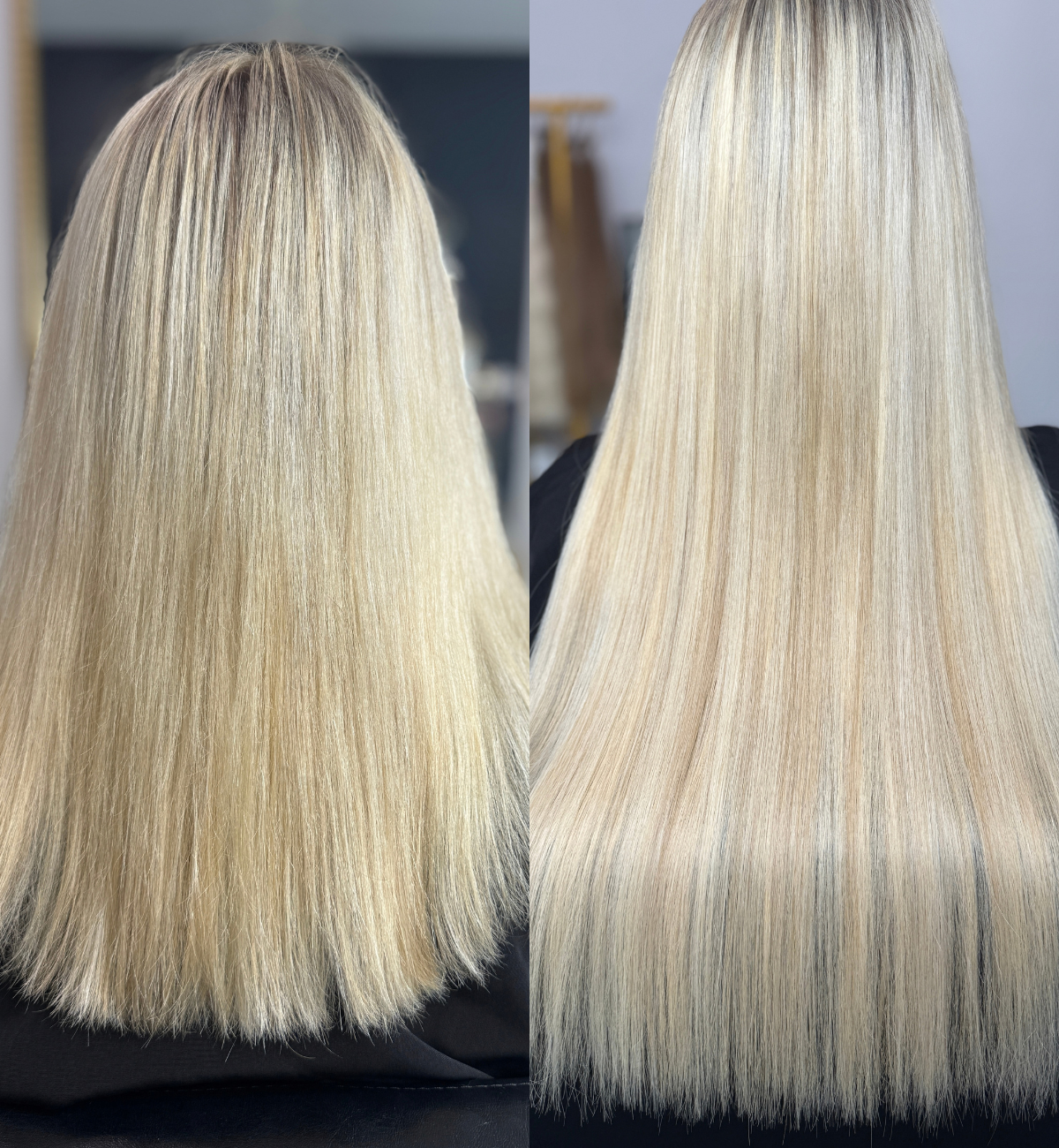 Comparison of hair before and after coloring, showing long, straight blonde hair with a slight wave, with the after picture displaying brighter, more vibrant blonde shades.