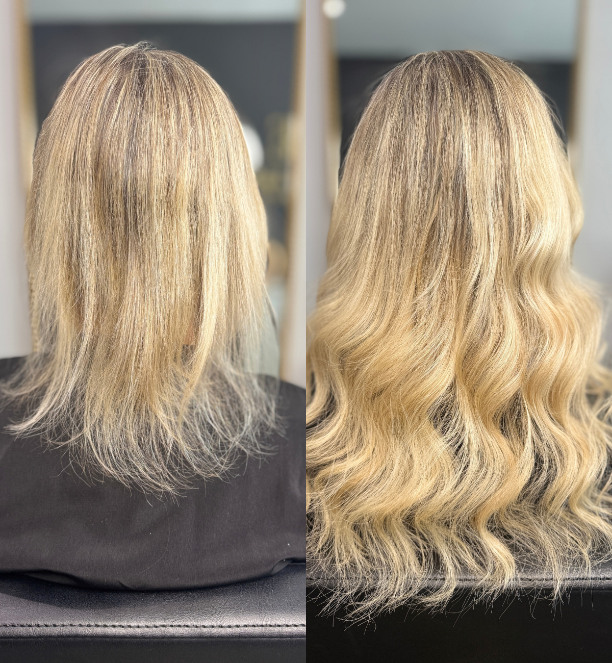 Before and after images of a woman's blonde hair, showing a transformation from dull, slightly frizzy hair to smooth, voluminous, and wavy hair.