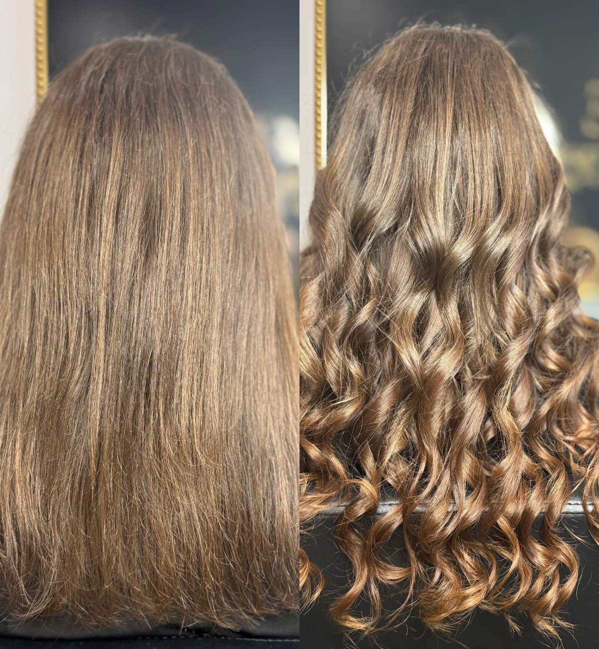 The image shows a before-and-after transformation of a woman's hair. The left side has straight, light brown hair, and the right side has styled, curly, light brown hair with highlights.