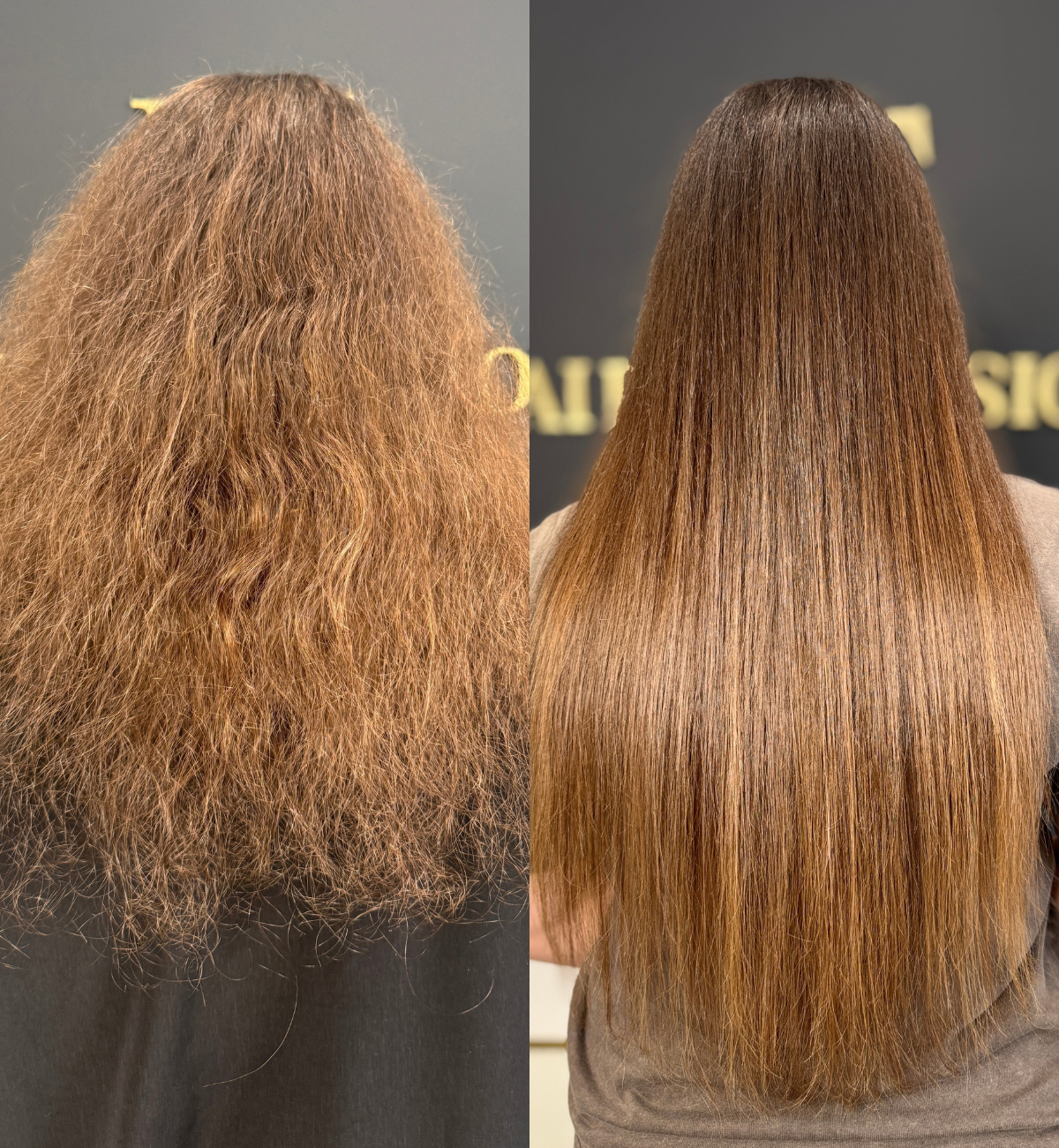 Before and after images of a woman's hair showcasing a transformation from frizzy, curly, and unruly hair to smooth, straight, and shiny hair.