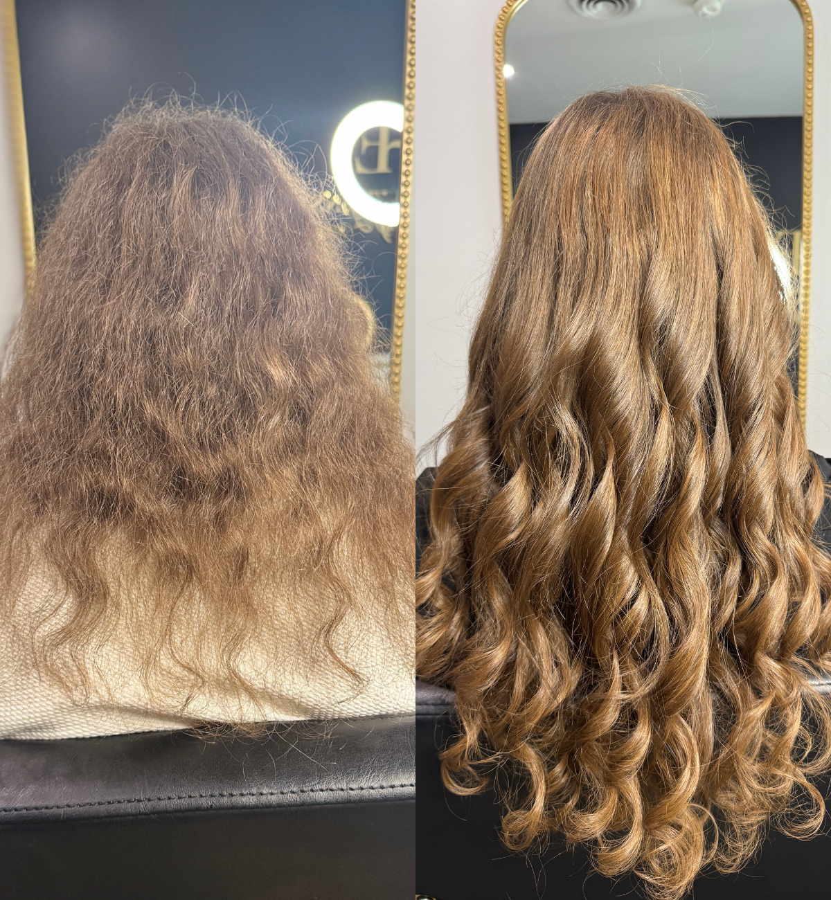 Side-by-side comparison of a woman's hair before and after a styling treatment. The left side shows frizzy, curly hair, while the right side shows smooth, wavy, and shiny hair.