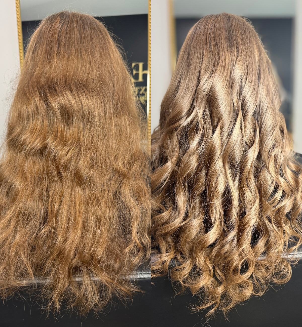 Comparison of hair before and after styling, showing curly, smooth, and shiny hair on the right after a hair treatment.