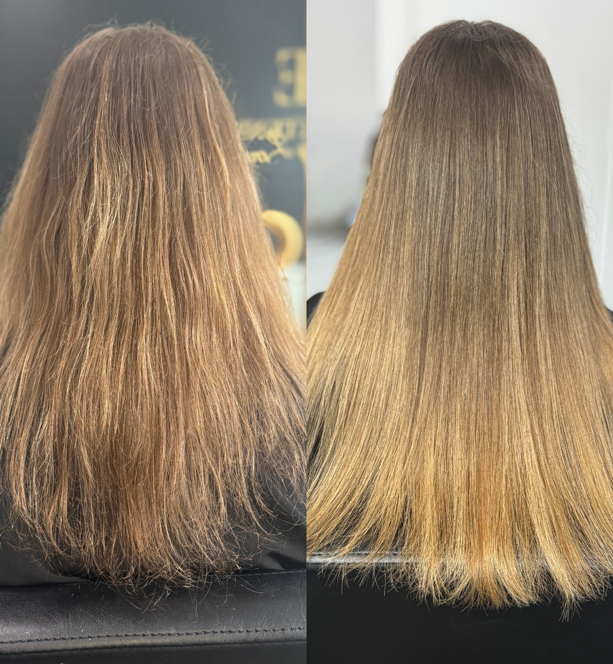 Before and after images of a woman's hair, showing a transformation from frizzy, uneven, and dull to smooth, straight, and shiny after hair styling or treatment.