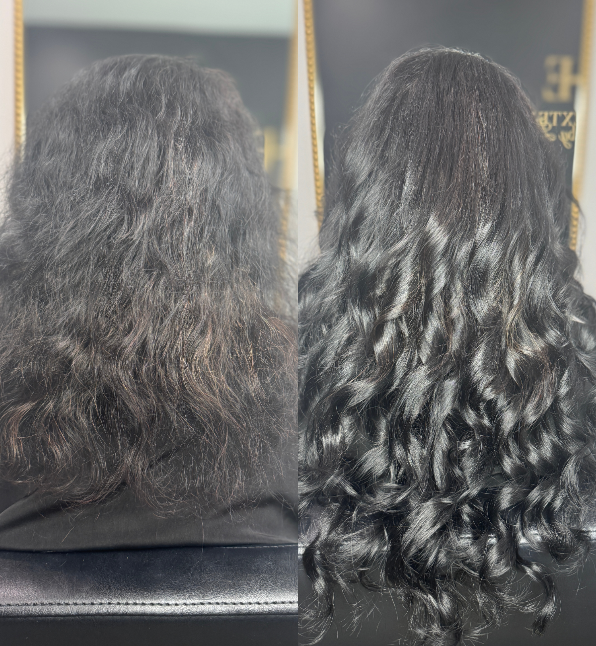 Comparison of hair before and after styling: messy, frizzy hair on the left and shiny, curly hair on the right.