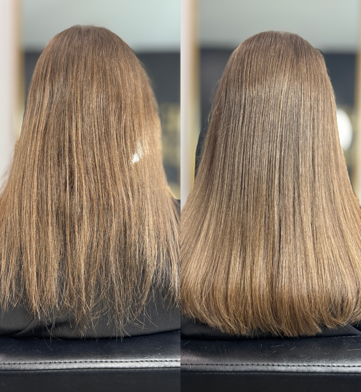 Comparison of hair before and after a styling treatment, showing smoother, shinier hair in the after photo.
