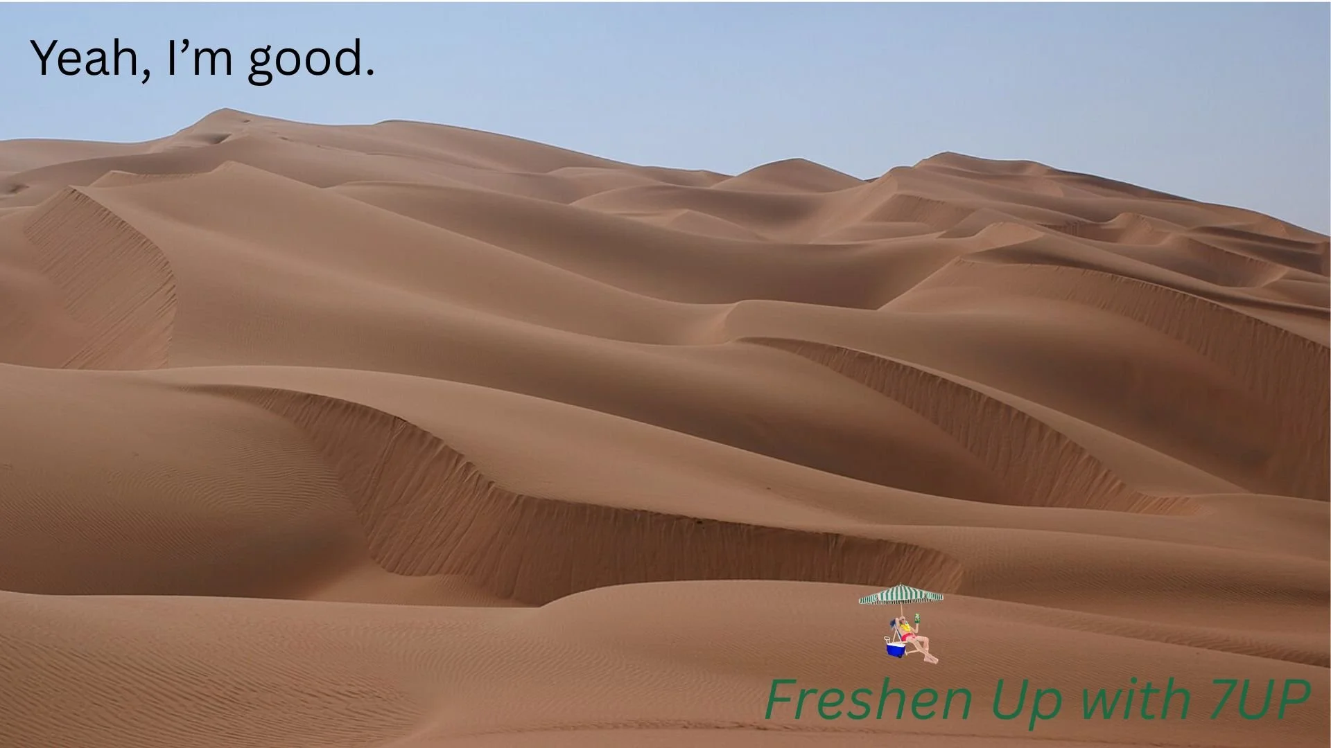 7UP advertising concept showing a desert landscape with a small umbrella and characters emphasizing refreshment in extreme heat.