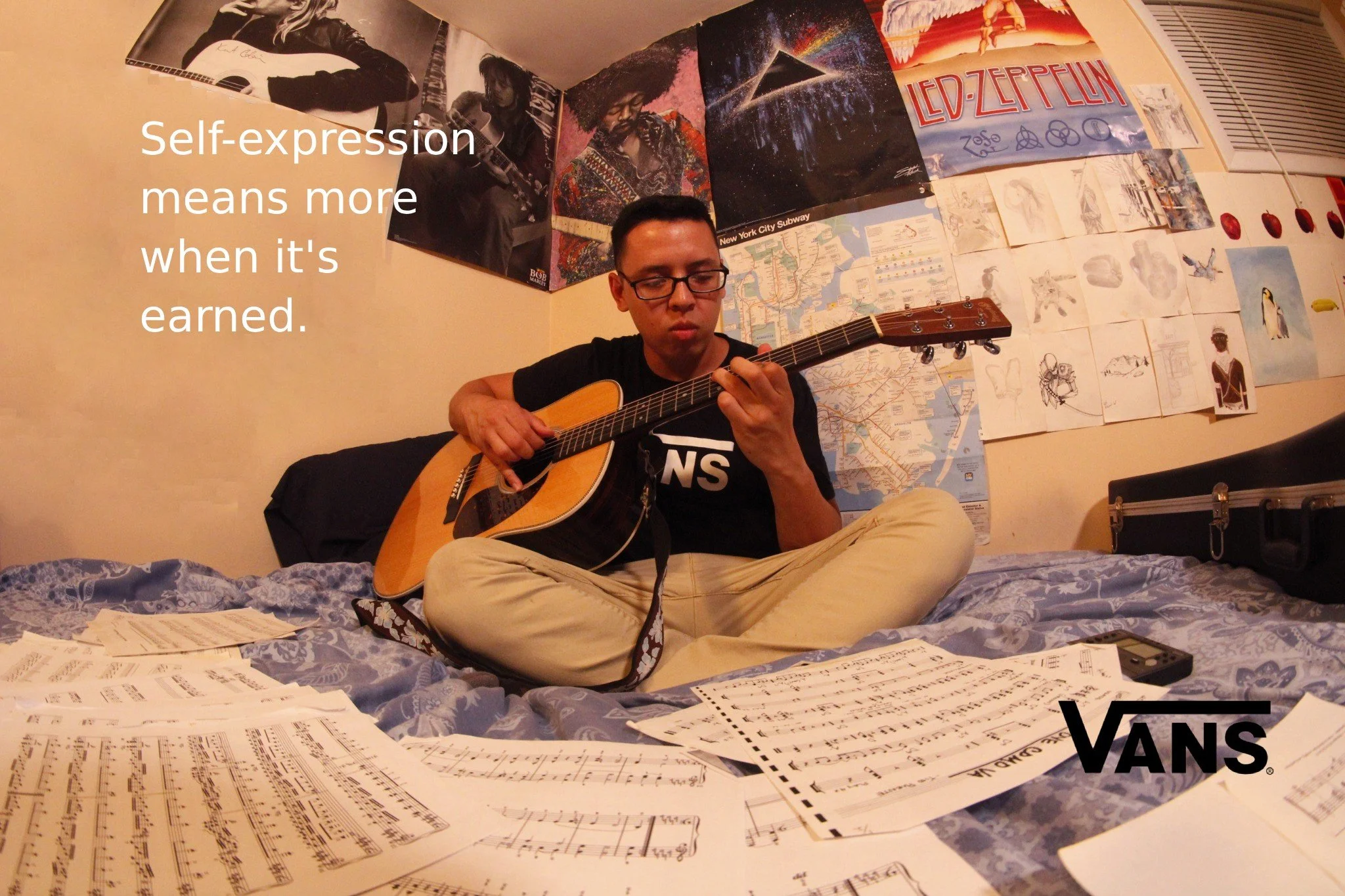 Vans campaign concept featuring a guitarist practicing in his bedroom, surrounded by sheet music and music posters.