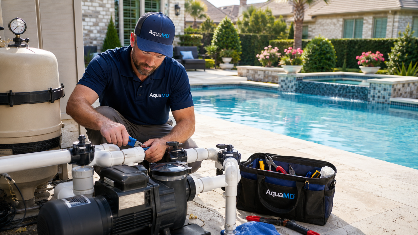 A technician wearing a blue AquaMD shirt and cap working on pool equipment near a backyard pool with a garden and house in the background.