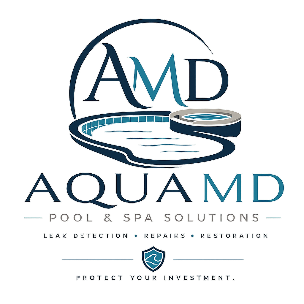 Logo for AquaMD Pool & Spa Solutions, featuring a stylized pool and spa, with text highlighting leak detection, repairs, and restoration services, and a message to protect your investment.