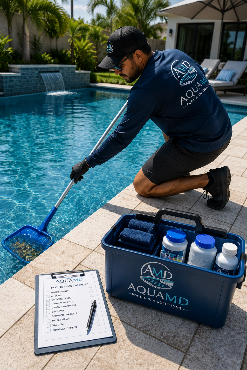 A pool service technician kneeling by a pool with a net, wearing a blue shirt with 'AQUA MD Pool & Spa Solutions' logo, a black cap, and gloves, with a toolbox and a checklist on the pool deck, cleaning the pool.