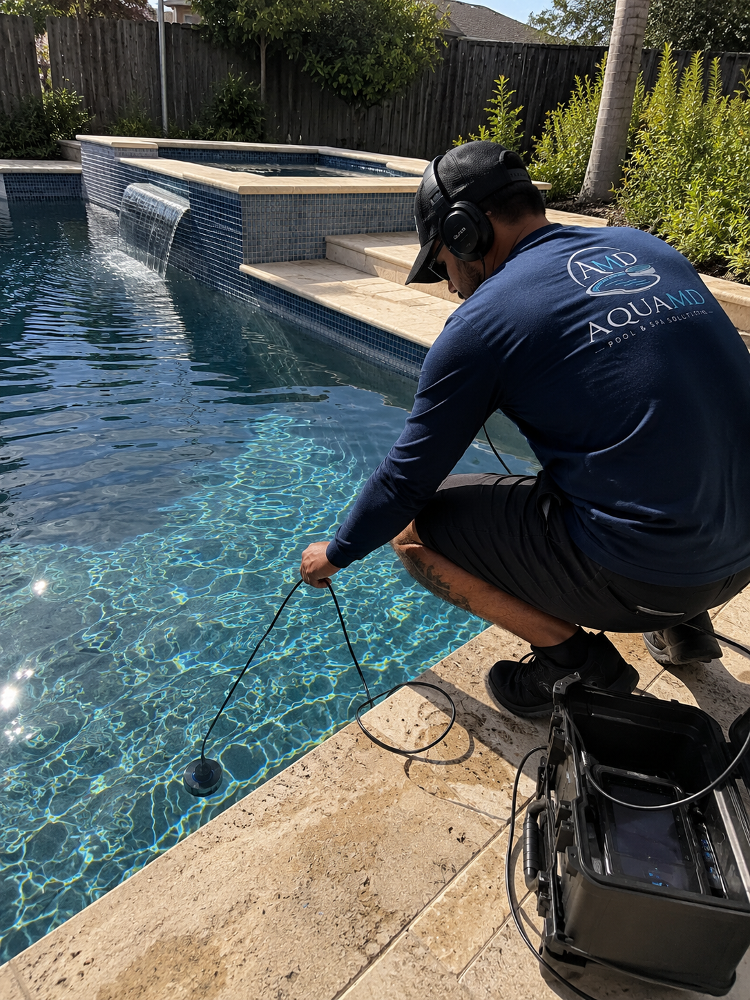 A technician in a blue shirt with 'AquaMD Pool & Spa Solutions' logo checks the water quality of a backyard swimming pool with a testing device. The pool has a tile waterfall feature, surrounded by a patio and green plants.