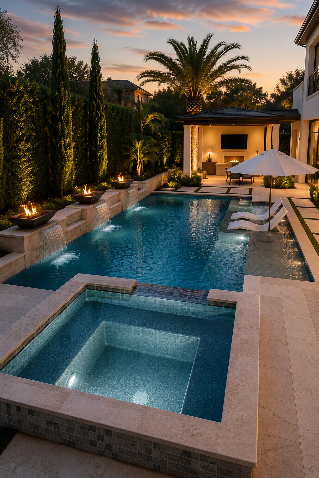 Luxurious backyard with a swimming pool, hot tub, waterfall features, outdoor fireplace, and lounging area at sunset.
