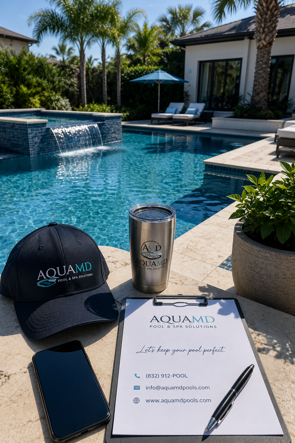 A poolside scene with a pool, lounge chairs, and umbrellas. In the foreground, there is a black cap and a stainless steel tumbler with the AquaMD logo, a smartphone, a clipboard with a pool maintenance checklist, and a pen. The background features a house, trees, and a sunny sky.