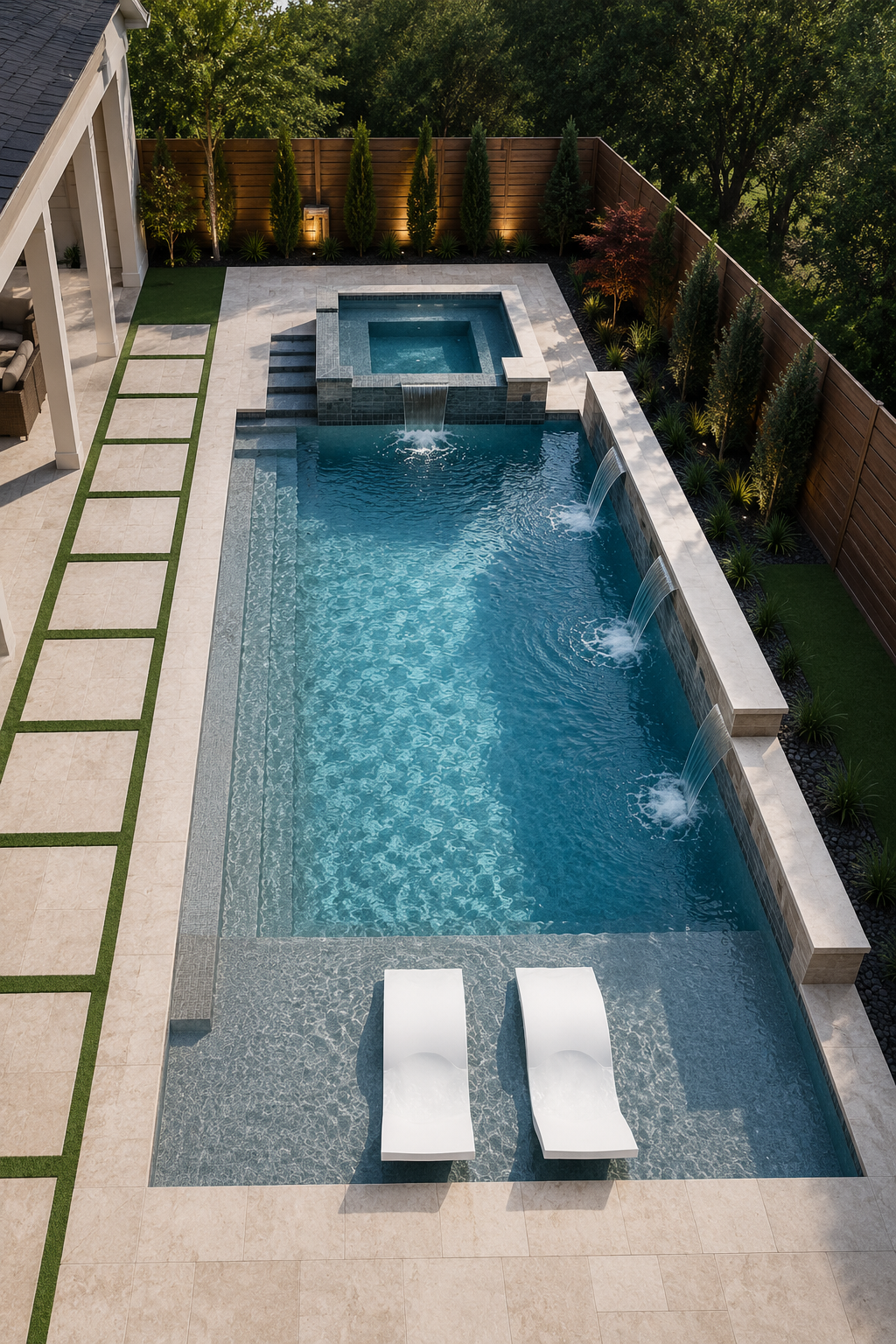 A backyard swimming pool with two lounge chairs, a hot tub, and a waterfall feature, surrounded by a privacy fence and lush greenery.