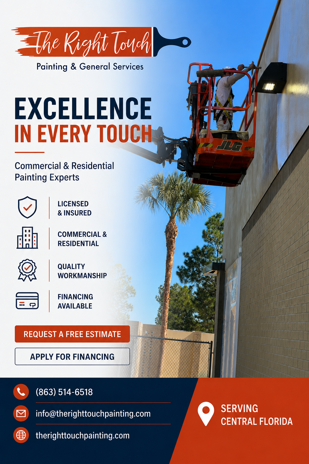 The Right Touch Painting provides commercial and residential painting, epoxy flooring, drywall repair and pressure washing throughout Central Florida.