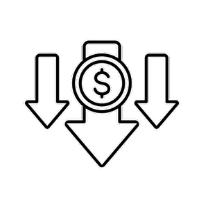 line drawing of down arrows and a money sign