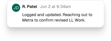 Screenshot of a chat message from R. Patel about logging, updates, and reaching out to Metra for work confirmation.