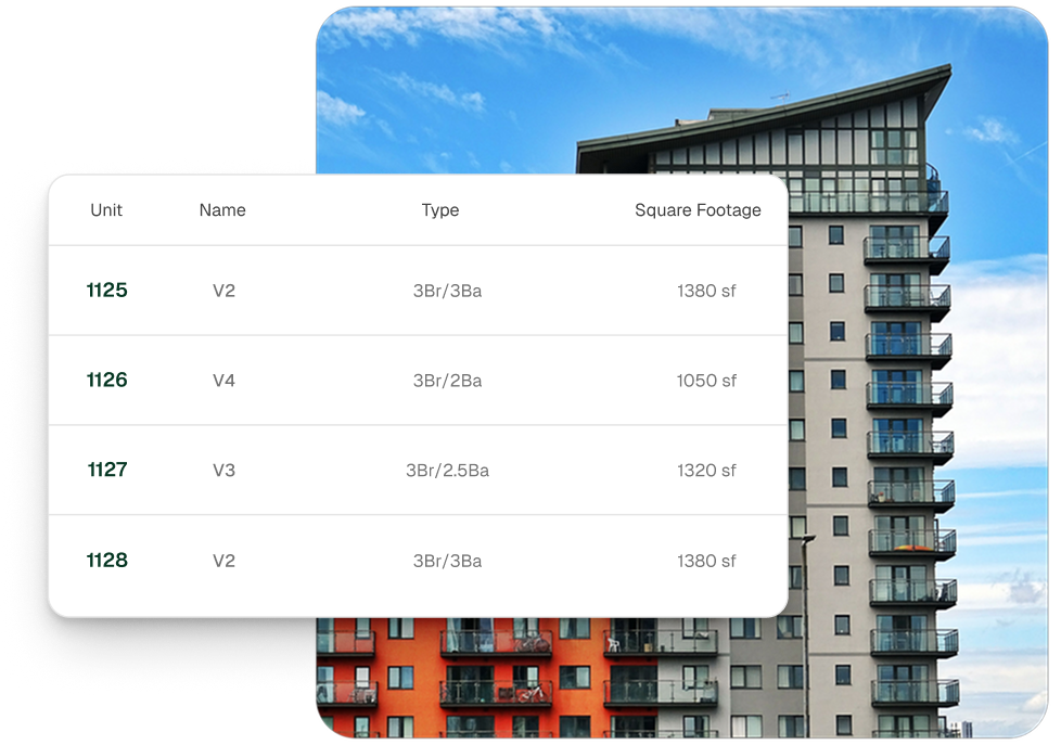Screen showing a list of apartment units with details about unit number, name, type, and square footage, overlaid on a photo of a modern high-rise residential building with balconies, under a partly cloudy sky.
