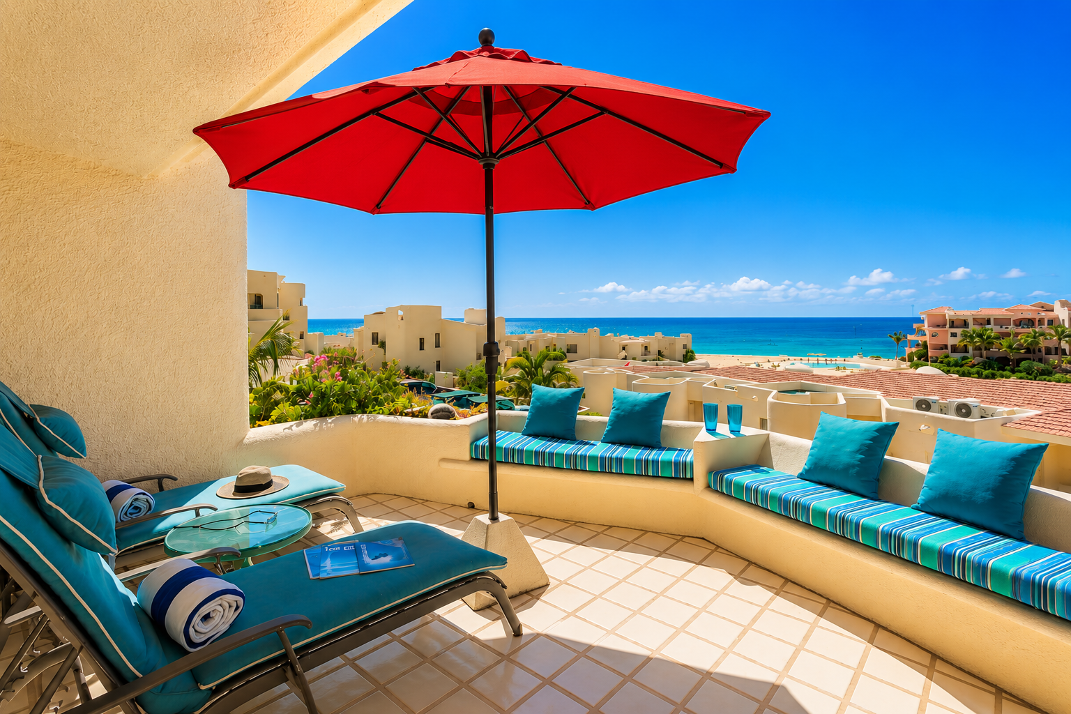 Beachside balcony with blue cushioned lounge chairs, a small glass table, a straw hat, blue towels, and blue pillows under a red umbrella. View of colorful buildings, palm trees, the sandy beach, and ocean with clear blue sky in the background.