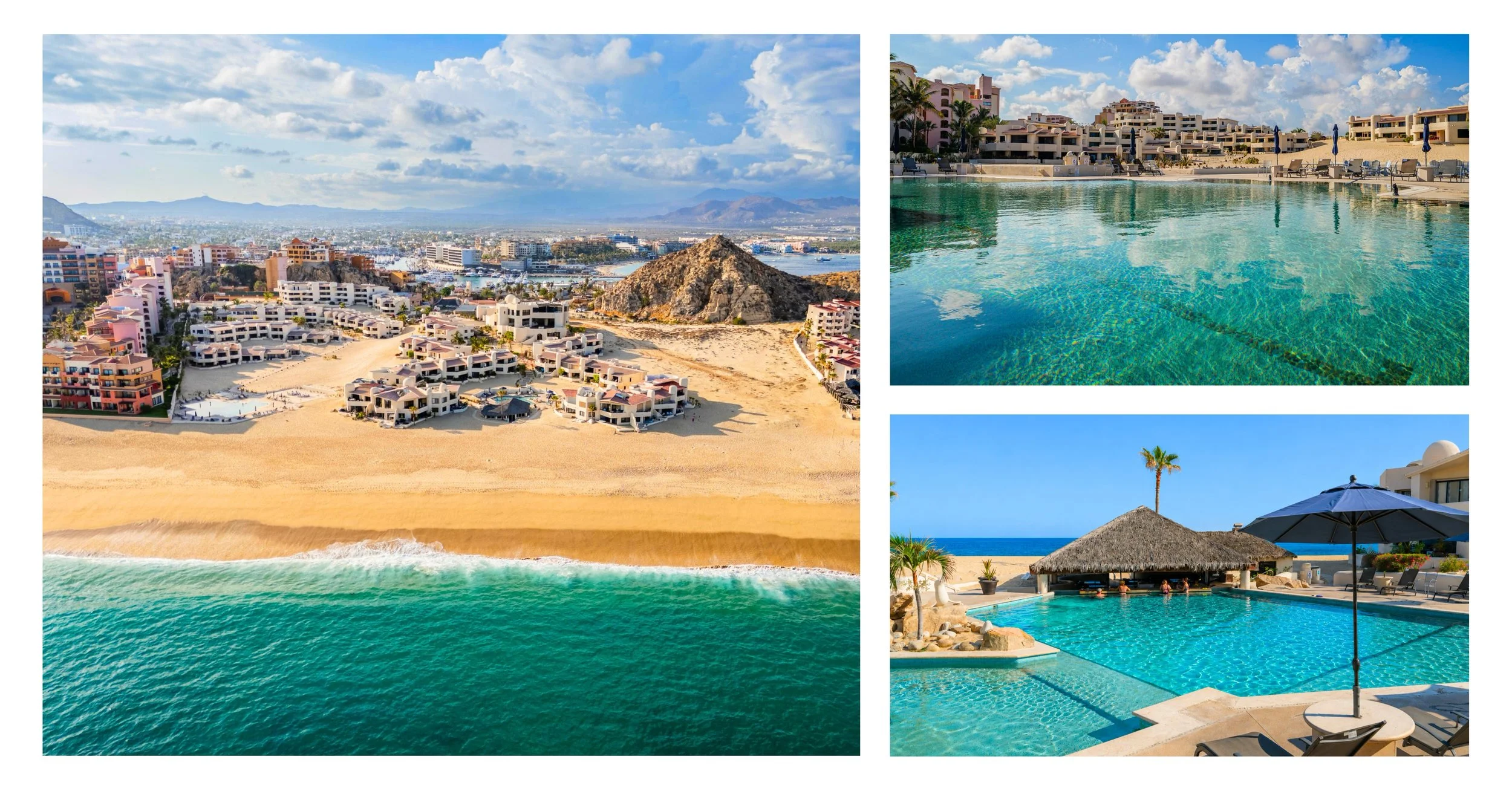 Collage of three tropical vacation scenes: Aerial view of a beachside resort with white buildings, sandy beach, and ocean; Swimming pool area with multiple levels, loungers, and umbrellas in a resort setting; Poolside cabana with thatched roof, palm tree, umbrella, and ocean view with blue sky.